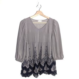 Altar'd State Embroidered Boho Lace Gray Blue Blouse Fairy Whimsy Girly